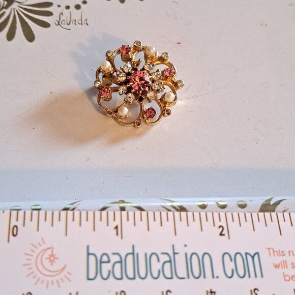 Petite Gold Tone Brooch Pink White Rhinestones Vintage October Birthstone READ - Picture 2 of 2